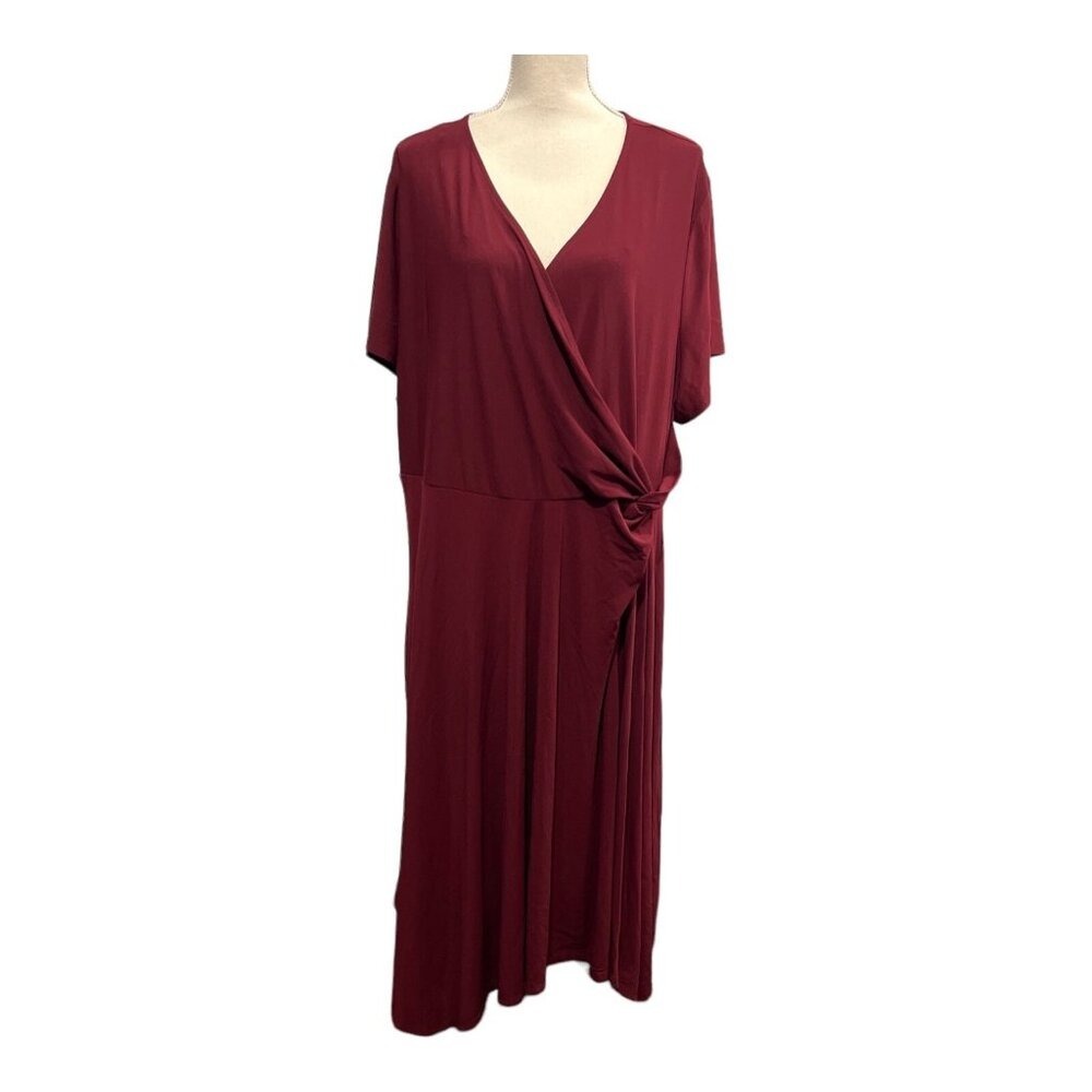 Perceptions Dress Maroon Faux Wrap Surplice‎ Jersey Knit Midi Size 3X Comfort